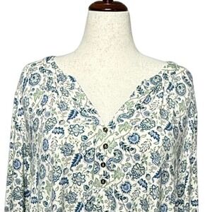 Rose + Olive Tunic Womens 1X Blue Floral Henley V-Neck 3/4 Sleeve Top